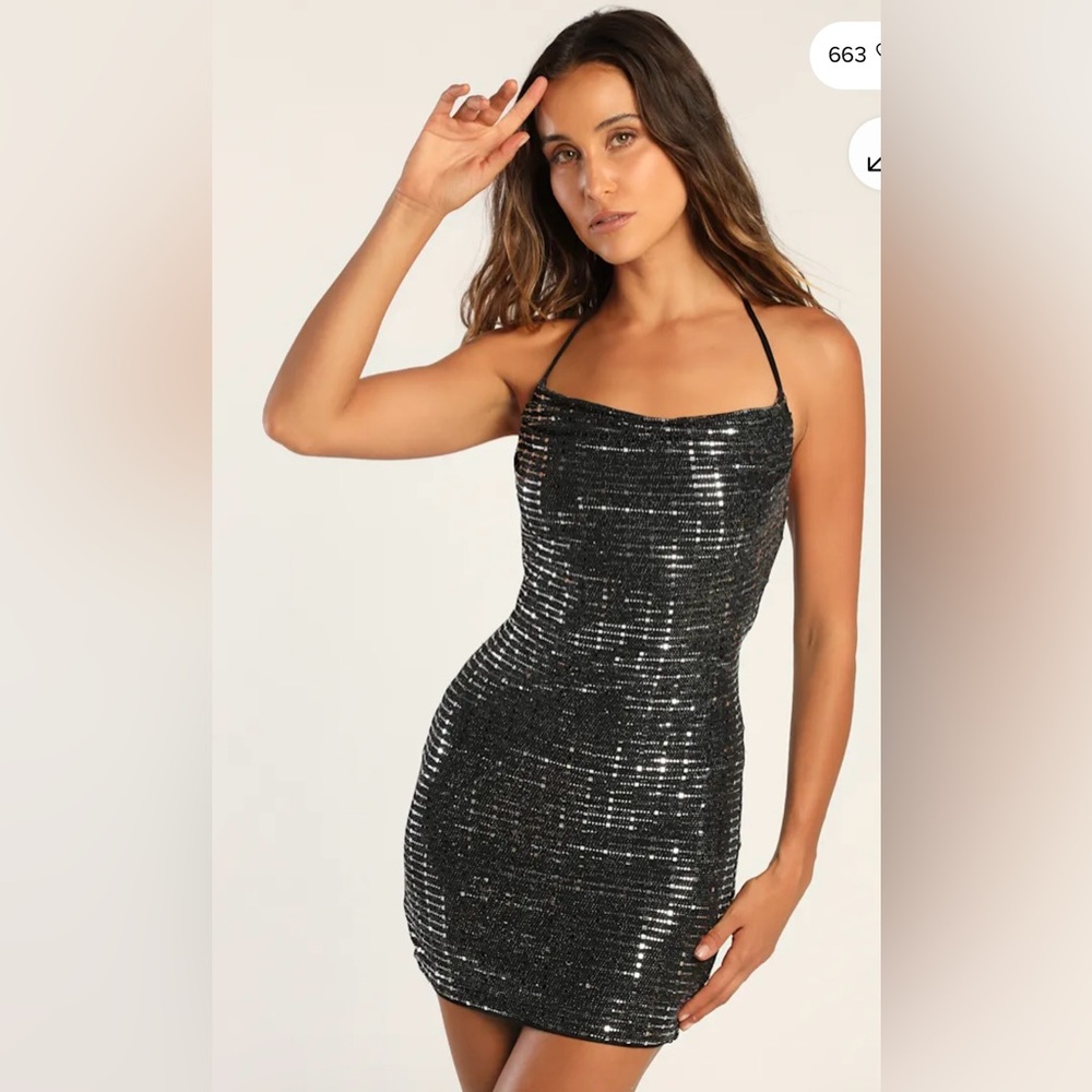 Lulu’s Totally Mesmerizing Shiny Black Sequin Cowl Mini Dress